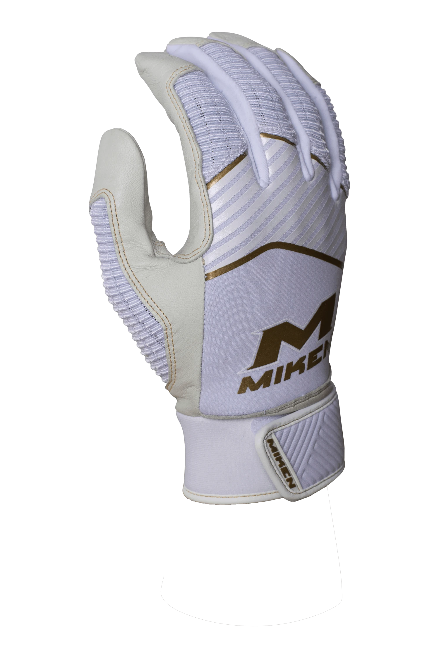 Miken Softball MK7X Adult White And Gold Batting Gloves: MBGGLD-WHT 1 Miken Softball MK7X Adult White And Gold Batting Gloves: MBGGLD-WHT